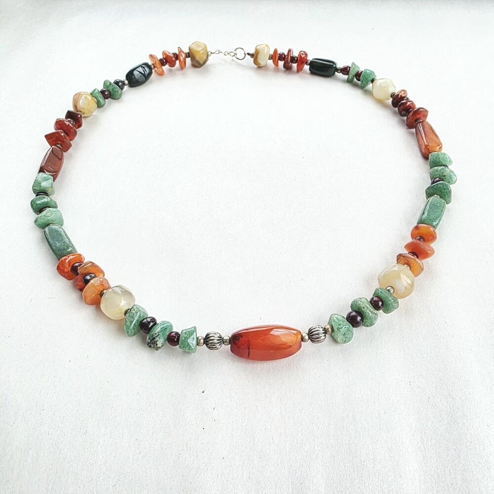 Handmade Necklace Genuine Carnelian Chrysoprase Turquoise Beaded 925 Silver